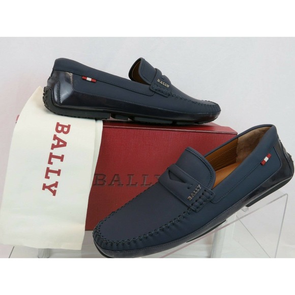 BALLY PINTOS INK BLUE NUBUCK PATENT LEATHER WEB LOGO DRIVING LOAFERS 8 D 41